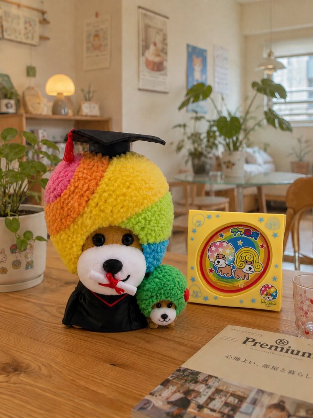 Vtg San-X Afro Ken Rainbow Graduation Plush Doll 11" & Photo Frame Set Japan